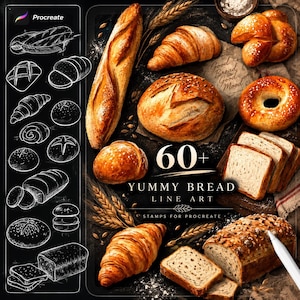 Peut inclure: Un ensemble d'art numérique pour Procreate comprenant plus de 60 tampons Yummy Bread Line Art. L'image présente divers produits de boulangerie réalistes, dont une baguette, des croissants, un bagel, du pain tranché et des miches.