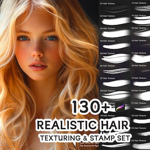May include: A digital art set featuring a portrait of a woman with long, wavy blonde hair. The image includes a set of 130+ realistic hair texturing and stamp brushes. The text reads "Realistic Hair Texturing & Stamp Set".
