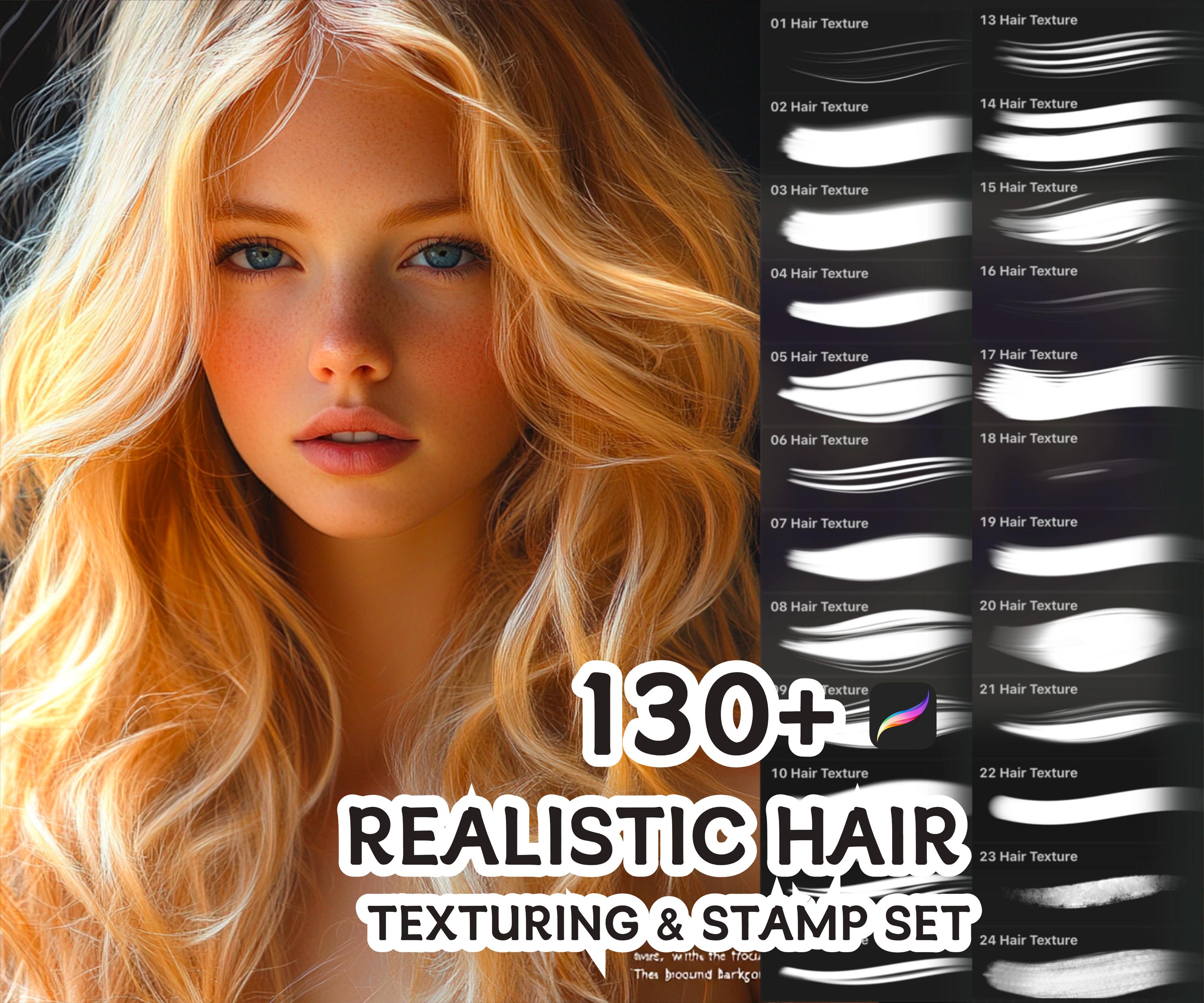 135 Realistic Hair Brushes for Procreate: Hairstyle Stamps, Texture, Shine & Strands | Instant Download
