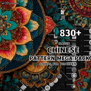 Könnte beinhalten: Ein digitales Kunstpaket für Procreate mit klassischen chinesischen Mustern. Das Bild zeigt ein detailliertes Design mit türkisfarbenen, goldenen, roten und blauen floralen Motiven. Der Text lautet "830+ Classic Chinese Pattern Mega Pack Stamps for Procreate."