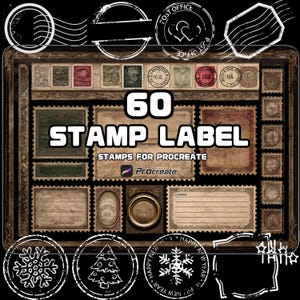 May include: A digital art collection of 60 stamp labels for Procreate. The design includes various vintage stamps, postmarks, and holiday-themed circular stamps with text like "Happy New Year". The color palette is primarily brown, beige, and white.