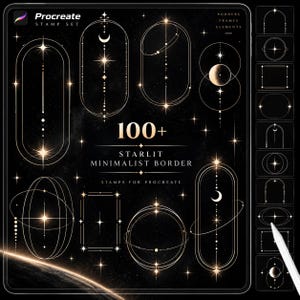 Op de afbeelding: Een digitale collectie van 100+ sterrenhemel-randen, kaders en elementstempels voor Procreate. De set bevat dunne, gloeiende goudkleurige lijntekeningen met hemelse vormen, manen en sterren tegen een donkere, sterrenrijke achtergrond.