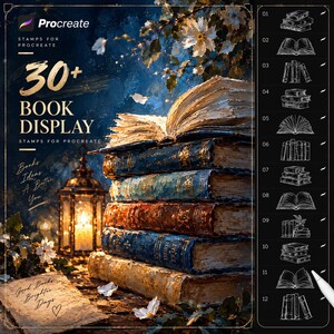 May include: A digital graphic featuring a stack of five textured, colorful books with an open book on top, illuminated by a glowing lantern. The text reads 30+ BOOK DISPLAY, STAMPS FOR PROCREATE, Books Ideas A Better You, and Good Books Brighter Days.