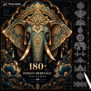 May include: A digital stamp set for Procreate featuring an ornate elephant head with gold and teal filigree patterns. The text reads 180+ INDIAN HERITAGE PATTERNS. A sidebar displays white line art icons including mandalas, elephants, and architectural motifs.