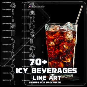May include: A digital art graphic featuring a glass of cola with ice cubes and a metal straw. The image also includes line art illustrations of various beverages and text that reads "70+ Icy Beverages Line Art Stamps for Procreate."