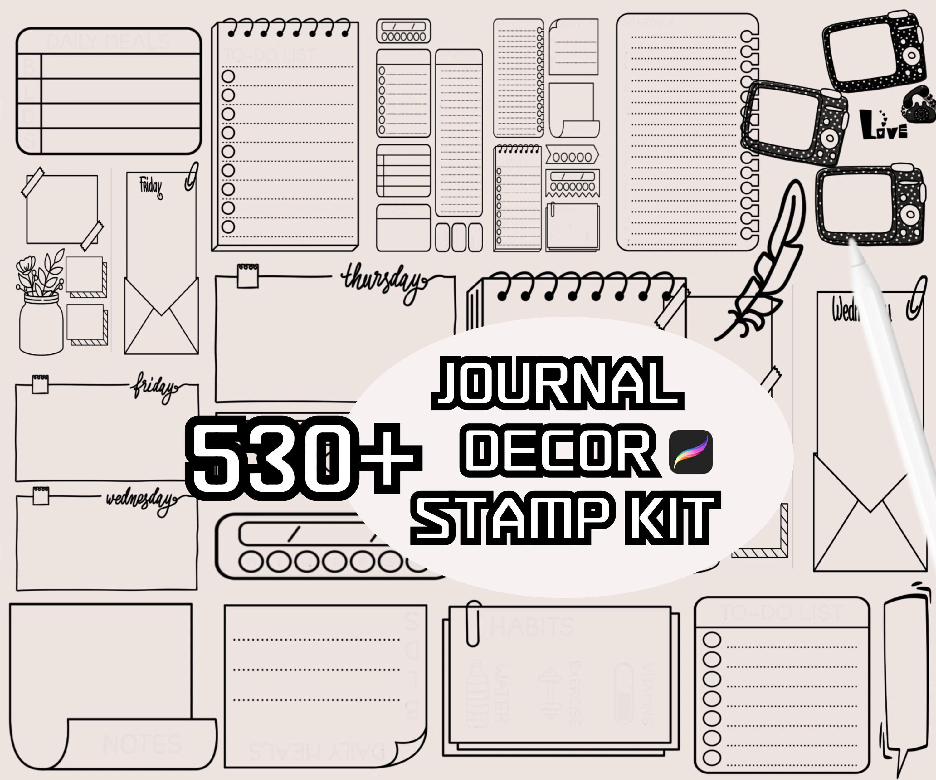 Kit de sellos Journal Decor 536 para Procreate | Sellos de animales y plantas, elementos de dibujo animado, pegatinas de papel vintage | Descarga instantánea