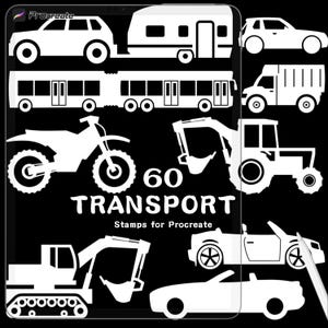 May include: A digital illustration featuring white silhouettes of various vehicles, including cars, a bus, a motorcycle, and construction equipment, against a black background. The text "60 TRANSPORT Stamps for Procreate" is also included.