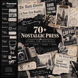Könnte beinhalten: Eine digitale Asset-Sammlung mit dem Titel 70+ Nostalgic Press Stamps for Procreate, bestehend aus einer Collage aus alten Zeitungsausschnitten, Kaffee-Werbung, handschriftlichen Notizen, Poststempeln, einer Kamera und einem Füllfederhalter.
