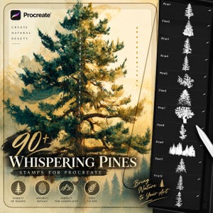 May include: A digital art set titled 90+ Whispering Pines Stamps for Procreate, featuring a large central pine tree illustration in green and gold tones, alongside a sidebar menu displaying twelve distinct white pine tree brush stamp icons.