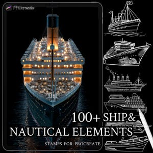 Pinceles náuticos para Procreate / Elementos oceánicos y siluetas de barcos / Ilustración marina / Uso comercial / Descarga digital