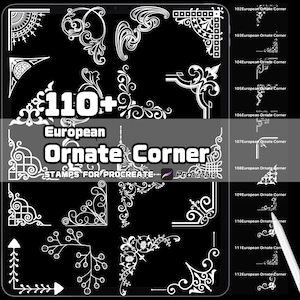 Op de afbeelding: Een digitaal kunstproduct met meer dan 110 Europese sierlijke hoekstempels voor Procreate. De afbeelding toont verschillende witte hoekontwerpen op een zwarte achtergrond, met de tekst "European Ornate Corner" en "STAMPS FOR PROCREATE - Procreate".