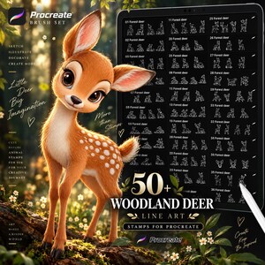 May include: A digital Procreate brush set featuring a 3D-rendered fawn with large eyes and white spots. The display shows a tablet screen with a grid of over 50 white line art deer stamps labelled Forest deer, with text including Little Deer Big Imagination.
