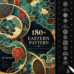 May include: A digital collection of 180+ Eastern pattern stamps for Procreate, featuring intricate gold, teal, and red floral and cloud motifs. The interface displays a numbered list of white line-art icons on a black sidebar next to the artwork.