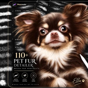 Puede incluir: Una pantalla de producto digital para 110+ pinceles Pet Fur Detailer para Procreate, con una ilustración realista de un perro de pelo largo marrón y blanco. La interfaz muestra varias muestras de trazos, etiquetas de texto y un lápiz óptico blanco.