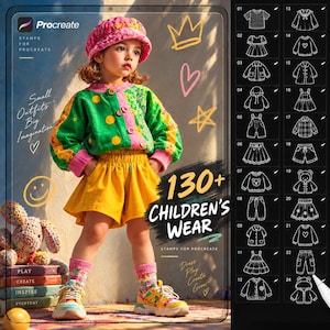 Peut inclure: Une publicité pour des tampons Procreate montrant un enfant portant un chapeau rose à motifs, un cardigan vert et jaune à motifs et un short jaune. L'image contient le texte 130+ Children's Wear et une grille de dessins au trait.