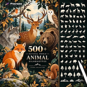 Peut inclure: Un ensemble de tampons numériques pour Procreate comprenant plus de 500 silhouettes d'animaux du monde naturel. L'illustration montre un loup, un cerf, un ours, un renard, un lapin, un écureuil, un hibou et un oiseau dans une forêt.