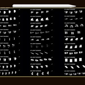 May include: A black digital art graphic with a collection of 30 different light source illustrations. Each illustration is labeled with a number and the words "LIGHT SOURCE". The illustrations are in white and vary in shape and style.