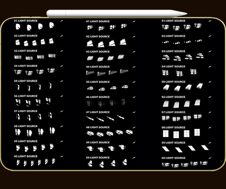 May include: A black digital art graphic with a collection of 30 different light source illustrations. Each illustration is labeled with a number and the words "LIGHT SOURCE". The illustrations are in white and vary in shape and style.