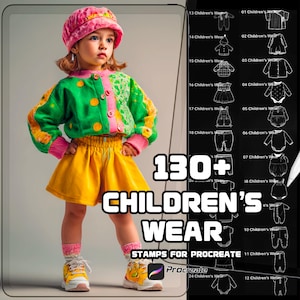 K&ouml;nnte beinhalten: Ein Kind in einem bunten Outfit, bestehend aus einer gr&uuml;n-rosa Jacke, einem gelben Rock, einer rosa M&uuml;tze und Turnschuhen. Der Text "130+ CHILDREN'S WEAR STAMPS FOR PROCREATE" ist ebenfalls enthalten.