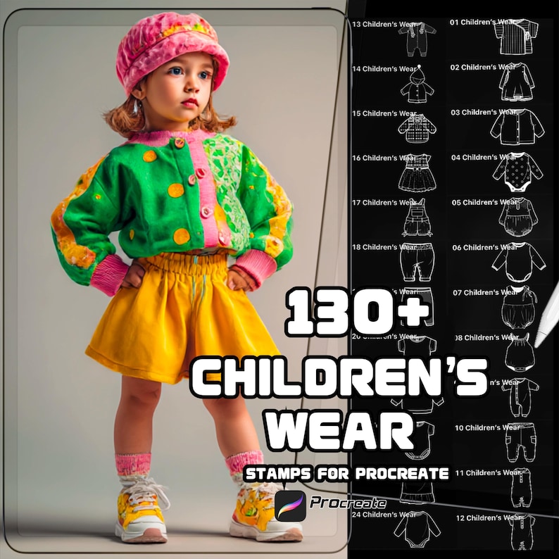 K&ouml;nnte beinhalten: Ein Kind in einem bunten Outfit, bestehend aus einer gr&uuml;n-rosa Jacke, einem gelben Rock, einer rosa M&uuml;tze und Turnschuhen. Der Text "130+ CHILDREN'S WEAR STAMPS FOR PROCREATE" ist ebenfalls enthalten.