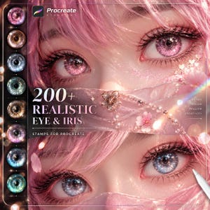 Könnte beinhalten: Ein digitales Stempelset für Procreate mit über 200 realistischen Augen- und Iris-Designs. Das Bild zeigt zwei detaillierte Illustrationen von Augen mit rosa Haaren, langen Wimpern und funkelnden Iris, akzentuiert durch Kirschblüten.