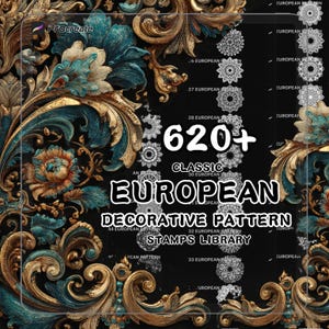 Könnte beinhalten: Ein digitales Kunstdesign mit goldenen, türkisfarbenen und braunen floralen Mustern. Der Text lautet "620+ Classic European Decorative Pattern Stamps Library" und enthält das Procreate-Logo.