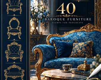 May include: A digital graphic featuring 40 Baroque furniture stamps for Procreate. The image displays a blue and gold sofa, a coffee table with a teacup and box, and a vertical sidebar showing four gold-outlined furniture stamp designs.