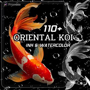 Puede incluir: Ilustración digital de un pez koi naranja y blanco con aletas fluidas, sobre un fondo negro con gotas de agua. El texto dice "110+ ORIENTAL KOI INK & WATERCOLOR".