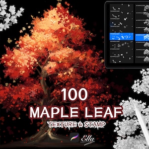 Puede incluir: Ilustración digital de un arce con hojas rojas y naranjas sobre un fondo negro. El texto "100 MAPLE LEAF TEXTURE & STAMP" está presente. Una tableta muestra varios diseños de hojas de arce. El nombre de la artista, Ella, también es visible.