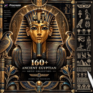 Puede incluir: Un conjunto de sellos digitales para Procreate con más de 160 motivos del antiguo Egipto. La imagen muestra una máscara de faraón dorada, halcones y flores de loto en azul y oro. El texto incluye 160+ ANCIENT EGYPTIAN MOTIF COLLECTION.