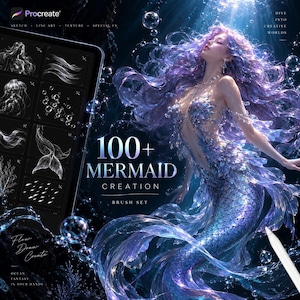 Puede incluir: Un conjunto de pinceles digitales para Procreate con más de 100 herramientas de creación de sirenas. La imagen muestra una pantalla de tableta con varios iconos de arte lineal en blanco y negro de criaturas marinas y burbujas, junto a una sirena.