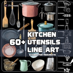 Pinceles de arte lineal de utensilios de cocina para Procreate / Ilustración de utensilios de cocina / Arte culinario y gastronómico / Uso comercial / Descarga digital