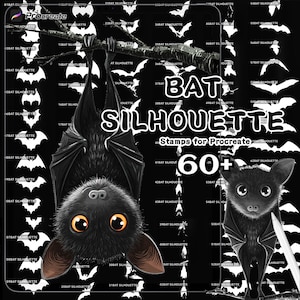 May include: Digital art product featuring bat silhouettes for Procreate. The image showcases a black background with various bat shapes, a hanging bat with large eyes, and the text "BAT SILHOUETTE Stamps for Procreate 60+".