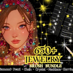 Puede incluir: Ilustración digital de una mujer adornada con joyas. La imagen presenta un paquete de pinceles de joyería con el texto "650+ JEWELRY BRUSH BUNDLE". Las palabras clave incluyen Diamante, Perla, Cadena, Cristal, Collar y Pendiente.