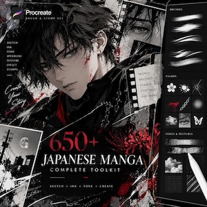 May include: A digital toolkit for Procreate featuring over 650 Japanese manga brushes, stamps, and textures. The interface displays a dark-haired character illustration, brush stroke samples, and various graphic elements including flowers and chains.