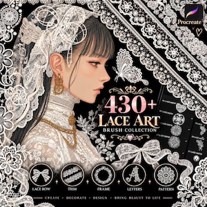 Op de afbeelding: Een digitale kunstcollectie getiteld 430+ Lace Art Brush Collection voor Procreate, met een illustratie van een persoon die een witte kanten sluier en een kledingstuk met hoge hals draagt, omringd door diverse witte kantmotieven.