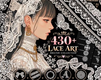 Lace Art Brush Collection for Procreate | 430+ Trim, Bow and Letter Designs | Decorative Illustration | Commercial Use | Instant Download