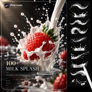 May include: A digital asset set for Procreate featuring 100+ milk splash stamps. The main graphic shows a bright red strawberry submerged in a white liquid splash against a black background. Text includes Procreate Stamp Set and 100+ Milk Splash.