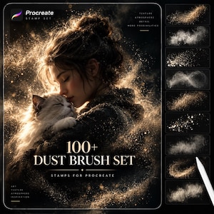 Könnte beinhalten: Ein digitales Grafik-Asset-Paket mit dem Titel 100+ Dust Brush Set für Procreate. Das Hauptbild zeigt eine Person, die eine flauschige Katze hält, umgeben von golden leuchtenden Staubpartikeln. Eine Seitenleiste zeigt acht verschiedene Pinsel.