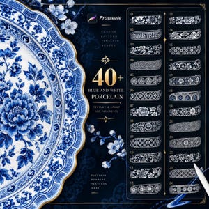 May include: A digital asset collection for Procreate featuring 40+ blue and white porcelain patterns, textures, and stamps. The display shows a large decorative plate with floral motifs alongside a numbered list of 24 distinct border designs.