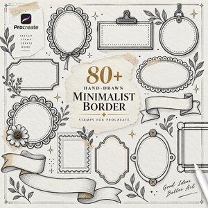 Könnte beinhalten: Eine Sammlung digitaler, handgezeichneter Rahmenstempel für Procreate mit verschiedenen Formen wie Ovalen, Rechtecken und Bändern mit floralen Akzenten. Der zentrale Text lautet 80+ HAND-DRAWN MINIMALIST BORDER STAMPS FOR PROCREATE.