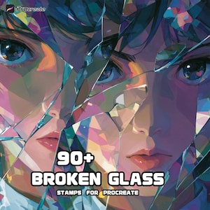 May include: Digital art featuring a fragmented portrait with a shattered glass effect. The image has a color palette of blues, purples, and pinks. Text reads "90+ BROKEN GLASS STAMPS FOR PROCREATE" with the Procreate logo in the upper left corner.