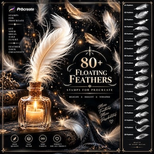 May include: A digital stamp set for Procreate featuring 80+ floating feathers. The image displays a glass inkwell with a lit candle and a large white feather, surrounded by floating feathers against a dark background with gold text and icons.