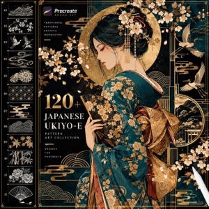 May include: A digital art collection for Procreate featuring 120+ Japanese Ukiyo-e patterns. The image displays a person in a teal and gold floral kimono holding a fan, surrounded by cherry blossoms, cranes, and gold circular motifs.