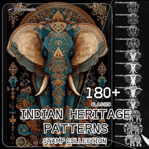 May include: Digital art featuring a detailed teal and gold elephant with intricate patterns. The image includes the text "180+ CLASSIC INDIAN HERITAGE PATTERNS STAMP COLLECTION" and a Procreate logo, showcasing a variety of Indian-inspired designs.
