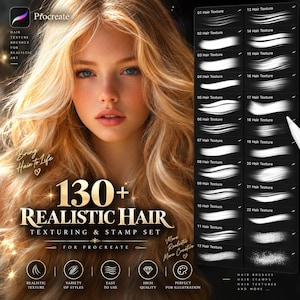 May include: A digital asset set for Procreate featuring 130+ realistic hair texturing and stamp brushes. The display shows a portrait of a person with blonde hair alongside a black panel containing 22 numbered white hair texture samples.