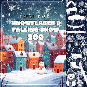 May include: Digital brush pack titled "Snowflakes & Falling Snow" with 200 brushes. The image features a winter scene with colorful houses, a snowman, and falling snowflakes. The Procreate logo is in the top left corner.