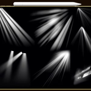 May include: A digital illustration featuring several white spotlights against a black background. The spotlights are of varying shapes and sizes, with beams of light radiating outwards. A white stylus rests at the top of the image.