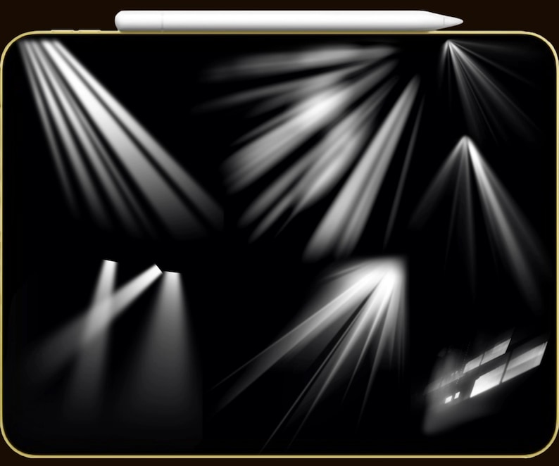 May include: A digital illustration featuring several white spotlights against a black background. The spotlights are of varying shapes and sizes, with beams of light radiating outwards. A white stylus rests at the top of the image.