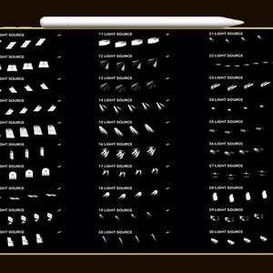 May include: A digital illustration of 30 different light source effects, each labeled with a number and the words "LIGHT SOURCE." The effects are white on a black background, showcasing various beam and glow styles.